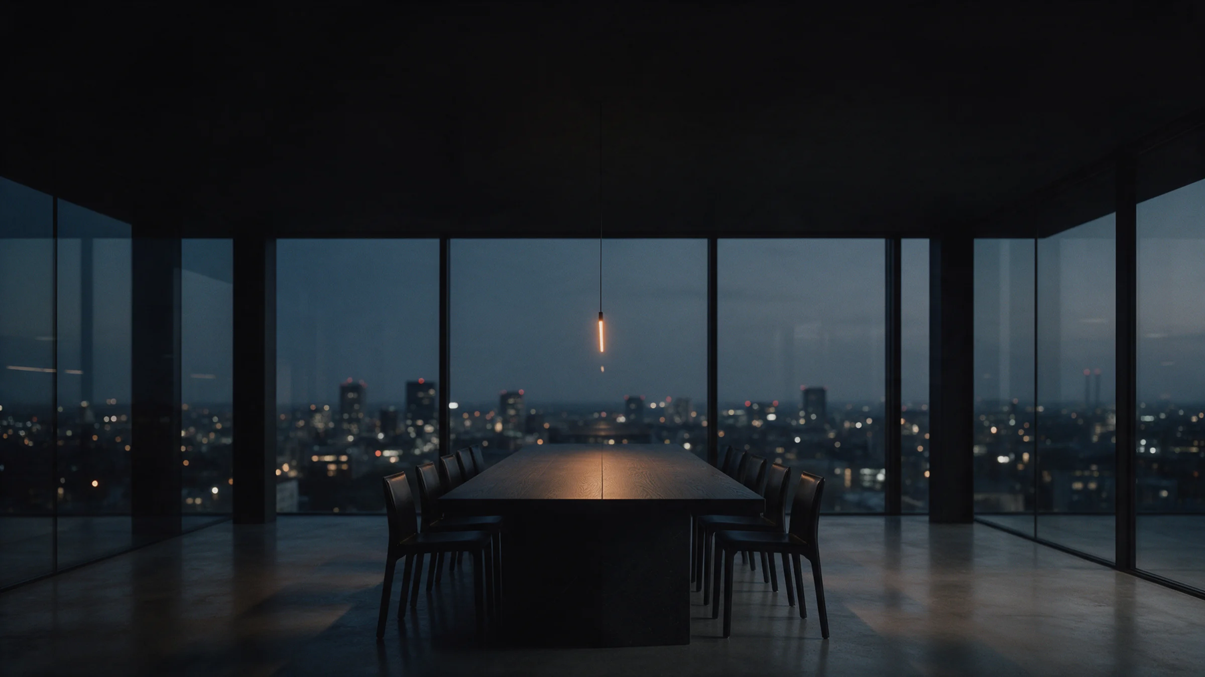 A quiet modern boardroom at dusk, a single warm light over a long table, the city beyond the glass.